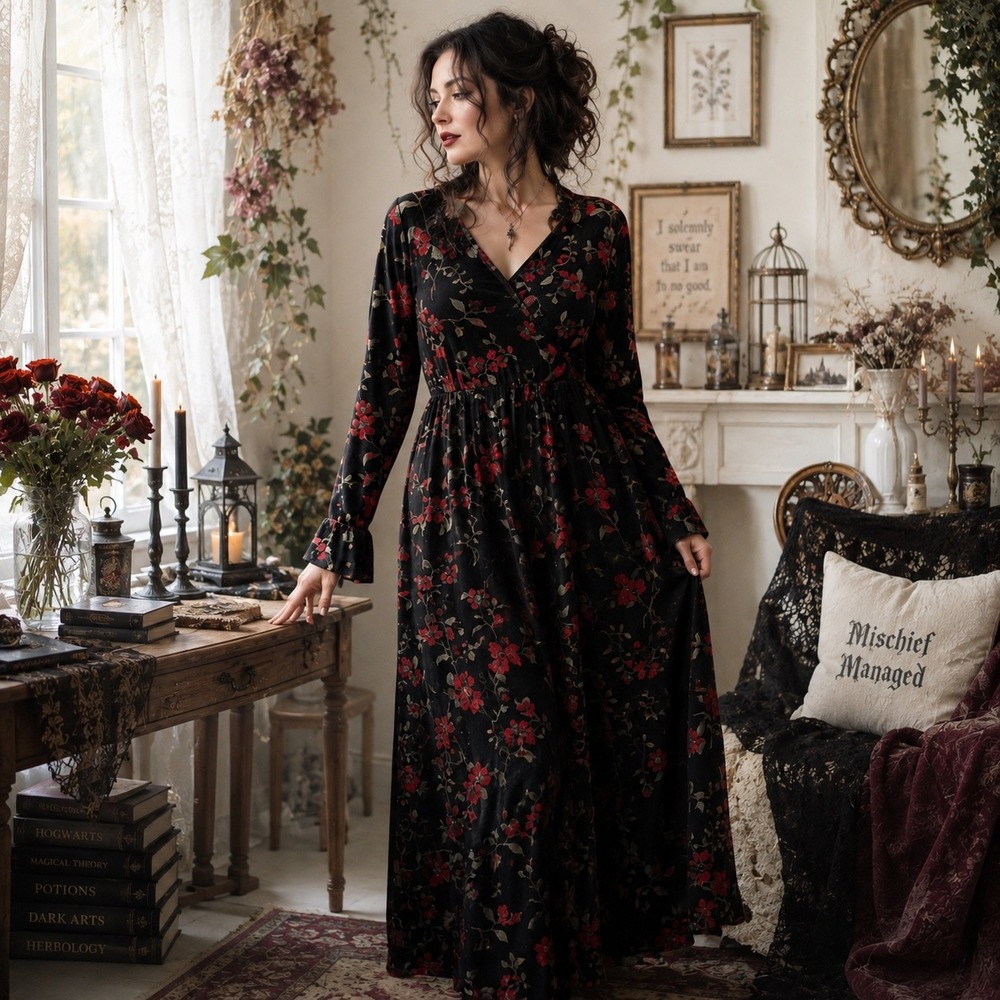 VTG Kathie Lee Collection Velvet Maxi Dress Womens L Floral Whimsigoth Romantic